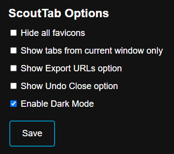 ScoutTab settings panel for customization